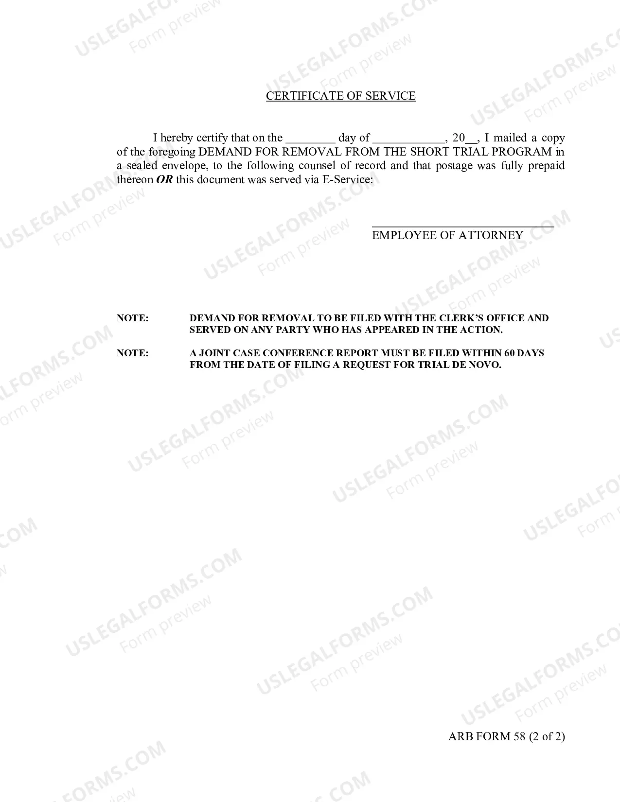 Preview Demand for Removal From Short Trial Program