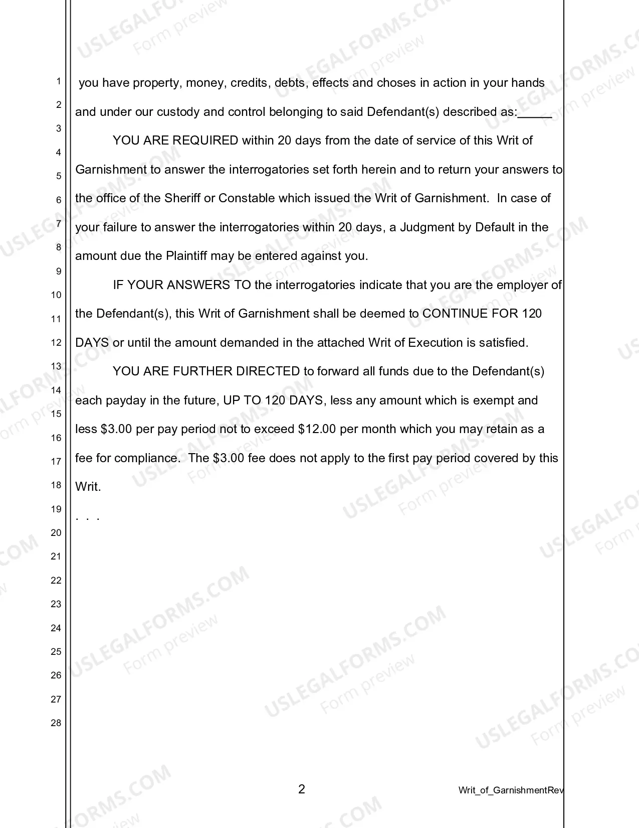 Preview Writ of Garnishment