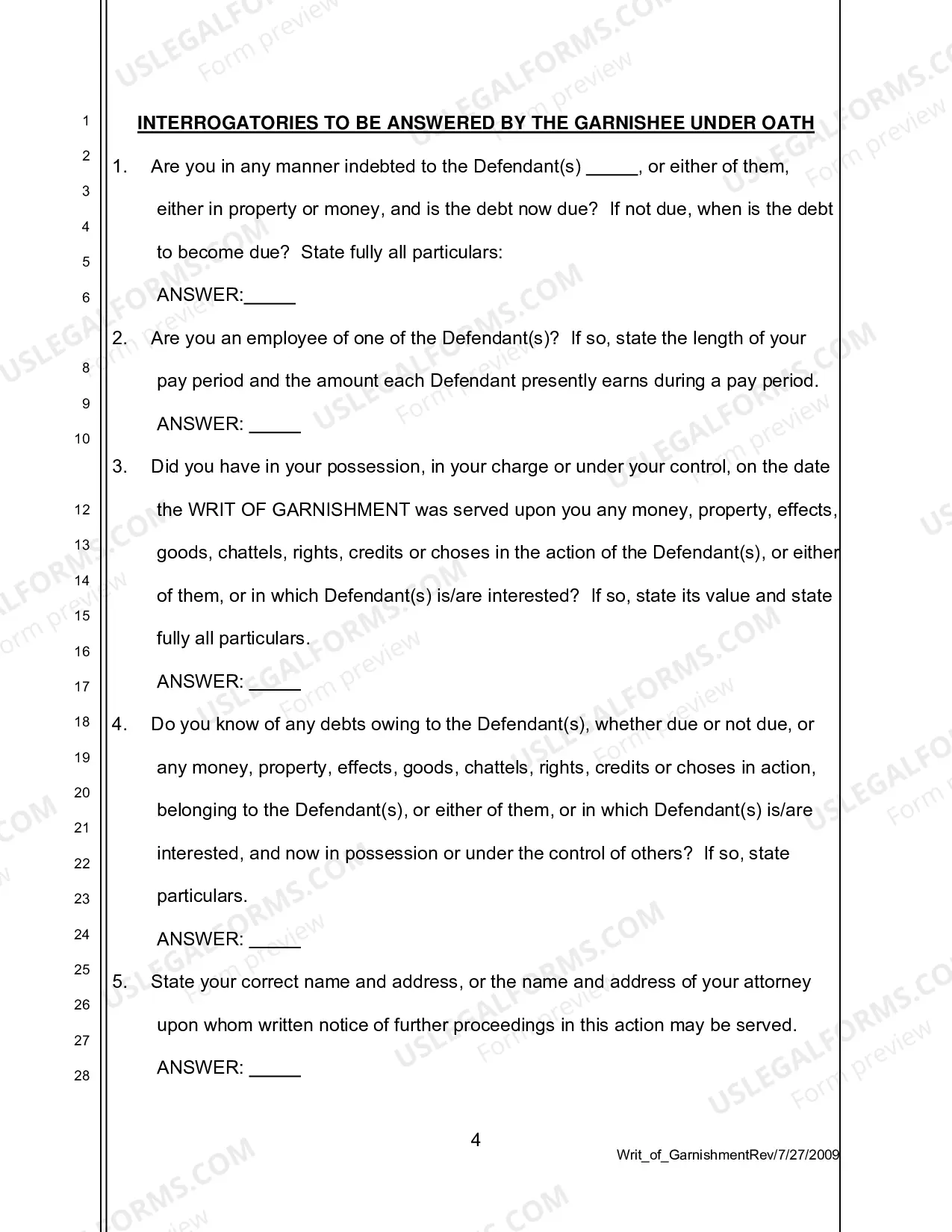 Preview Writ of Garnishment