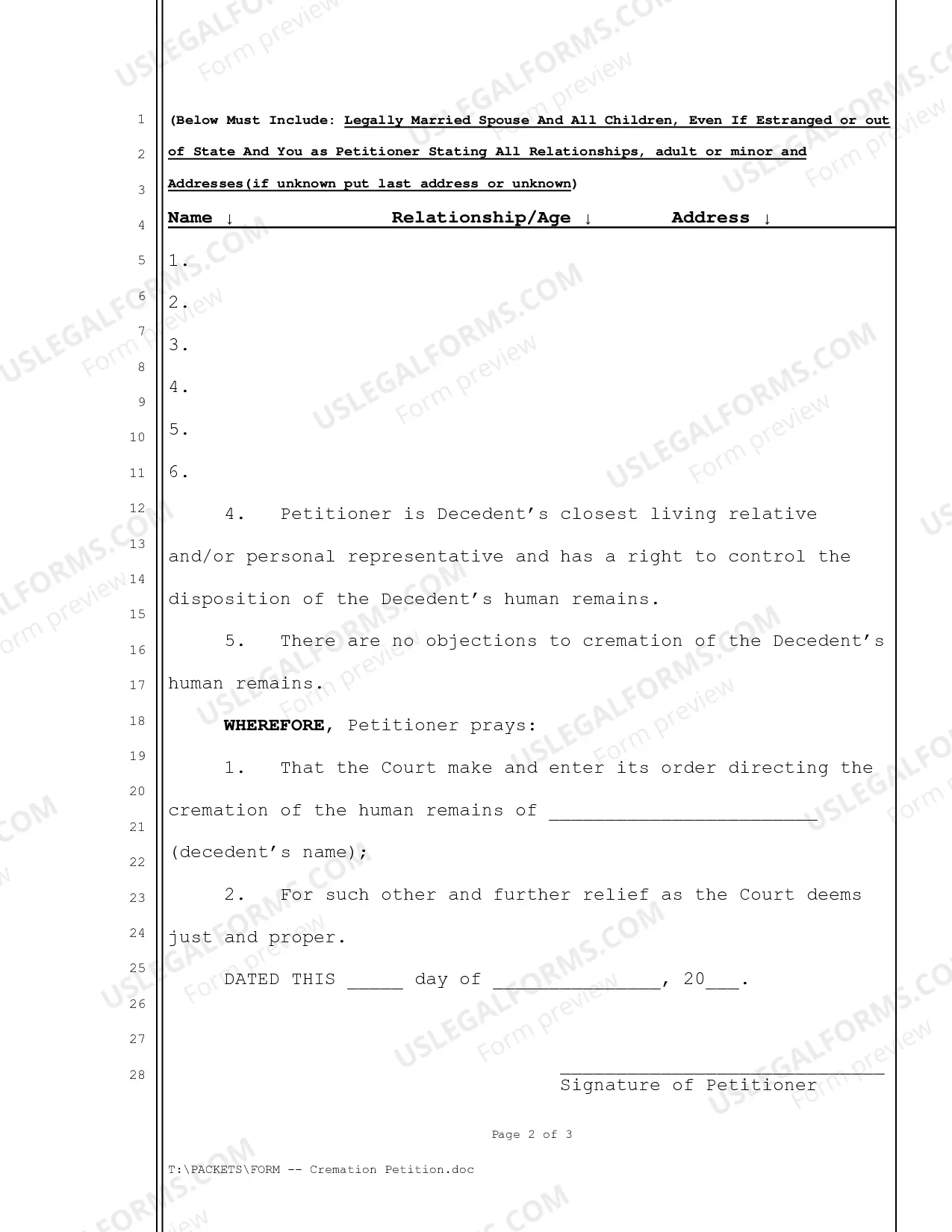 Preview Cremation Petition