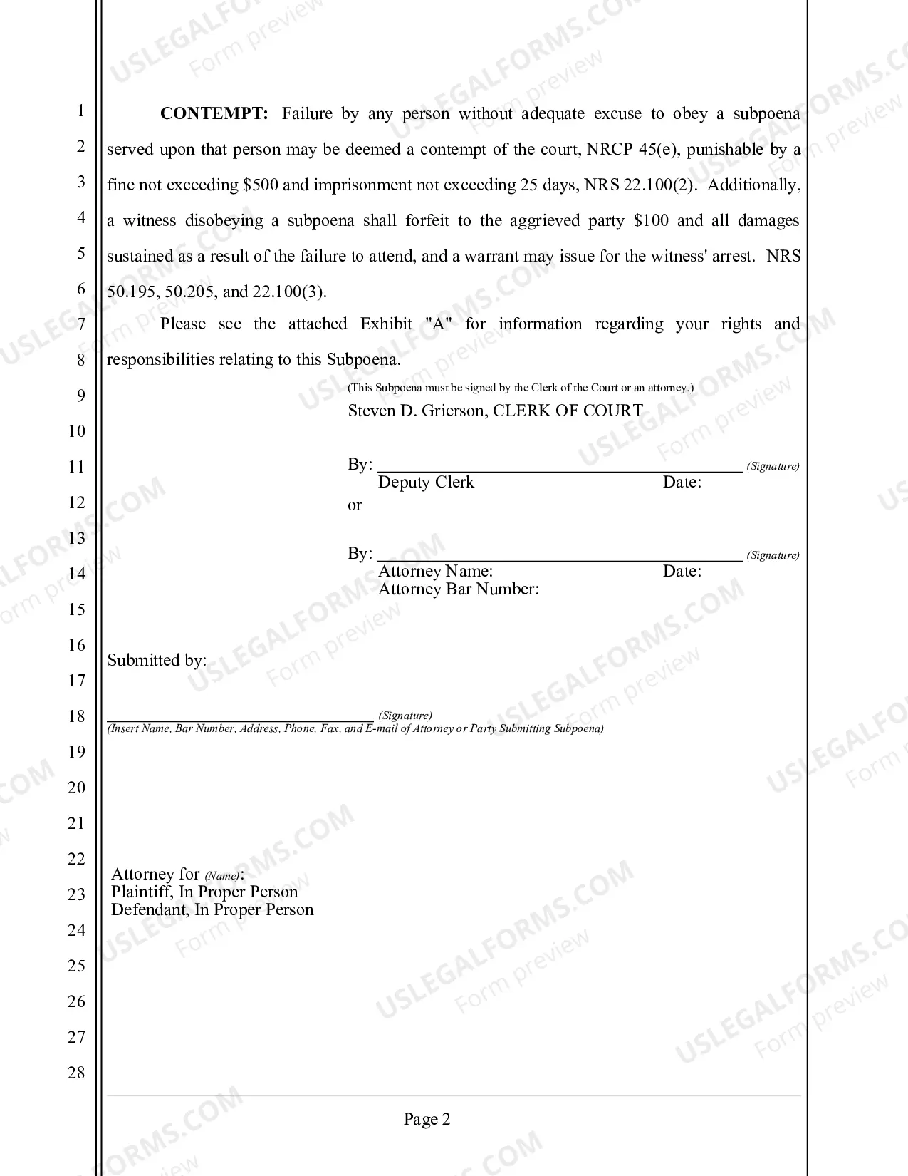 Preview Subpoena for Appearance at Trial or Hearing (without Documents)