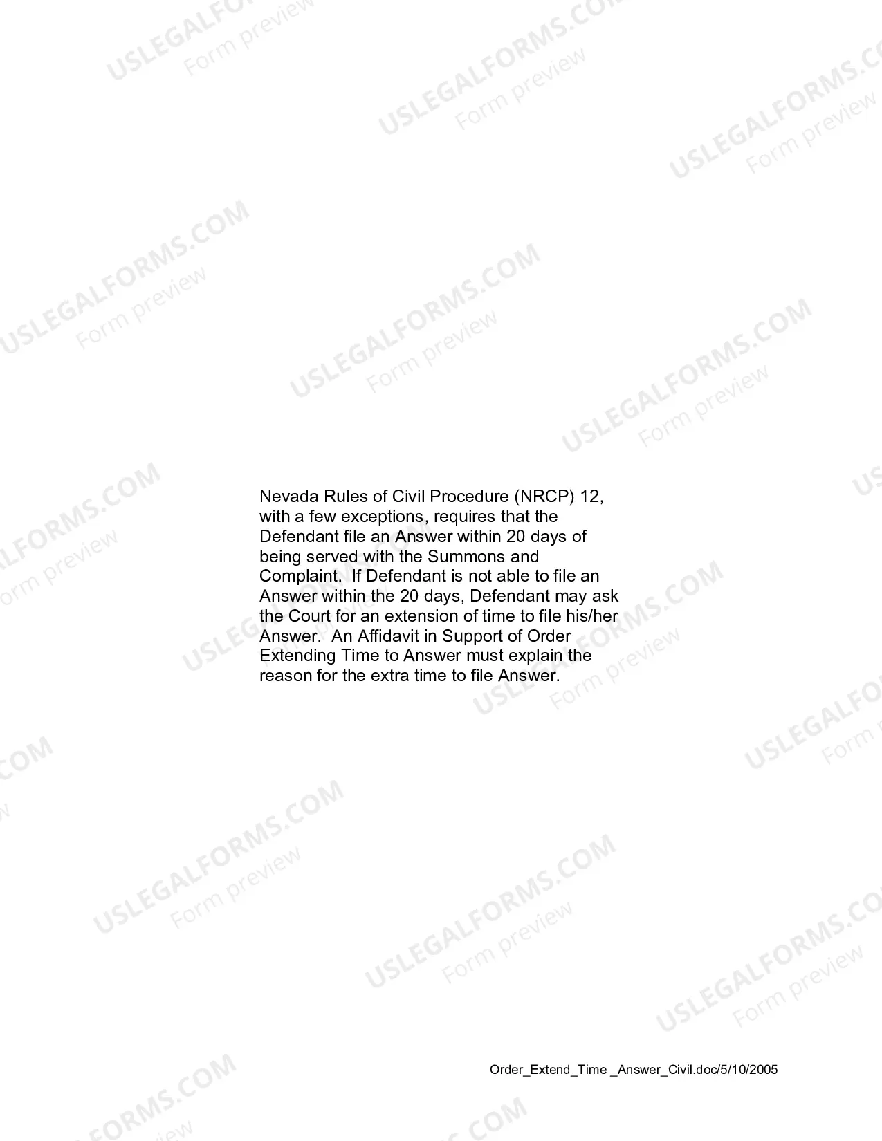 Preview Order to Extending Time to Answer Summons/Complaint