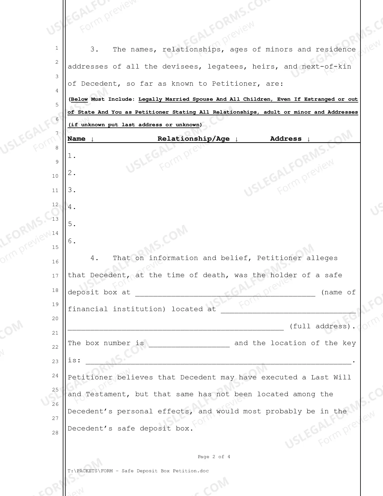 Preview Safe Deposit Box Petition