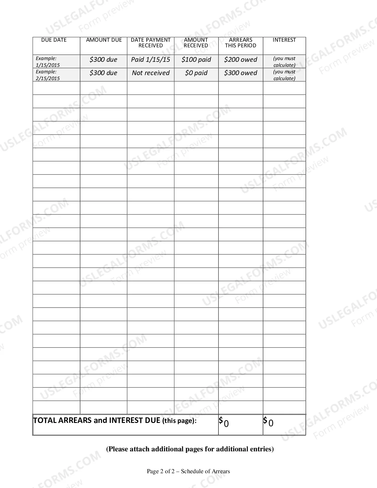 Preview Schedule of Arrearages