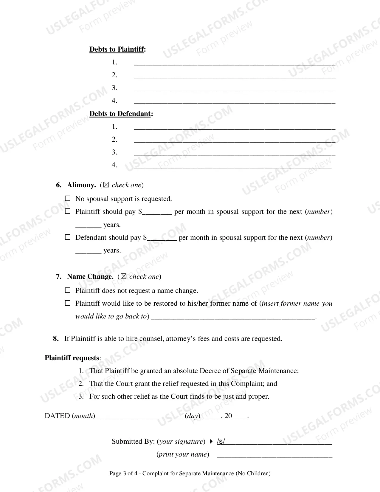 Preview Complaint for Separation - No Children