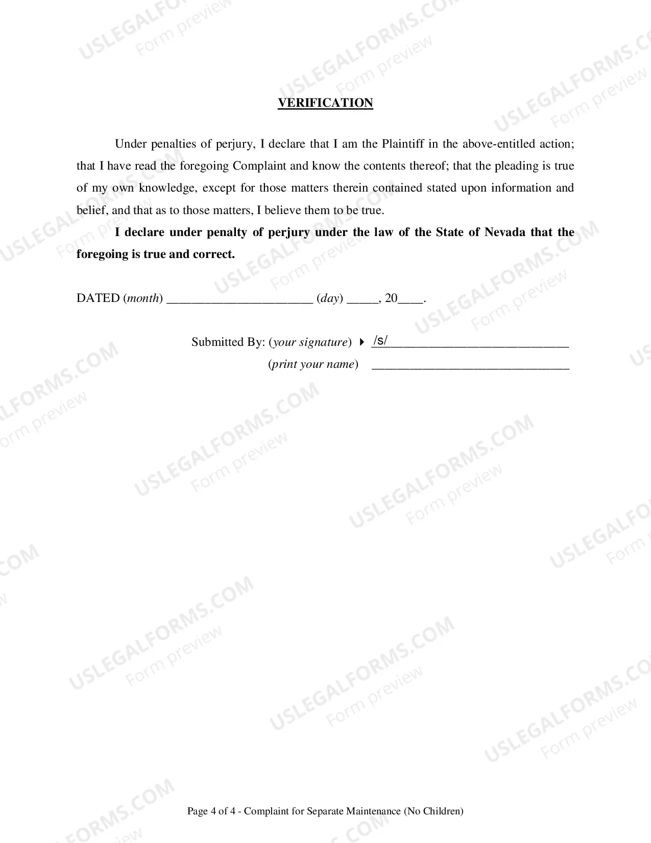 Preview Complaint for Separation - No Children