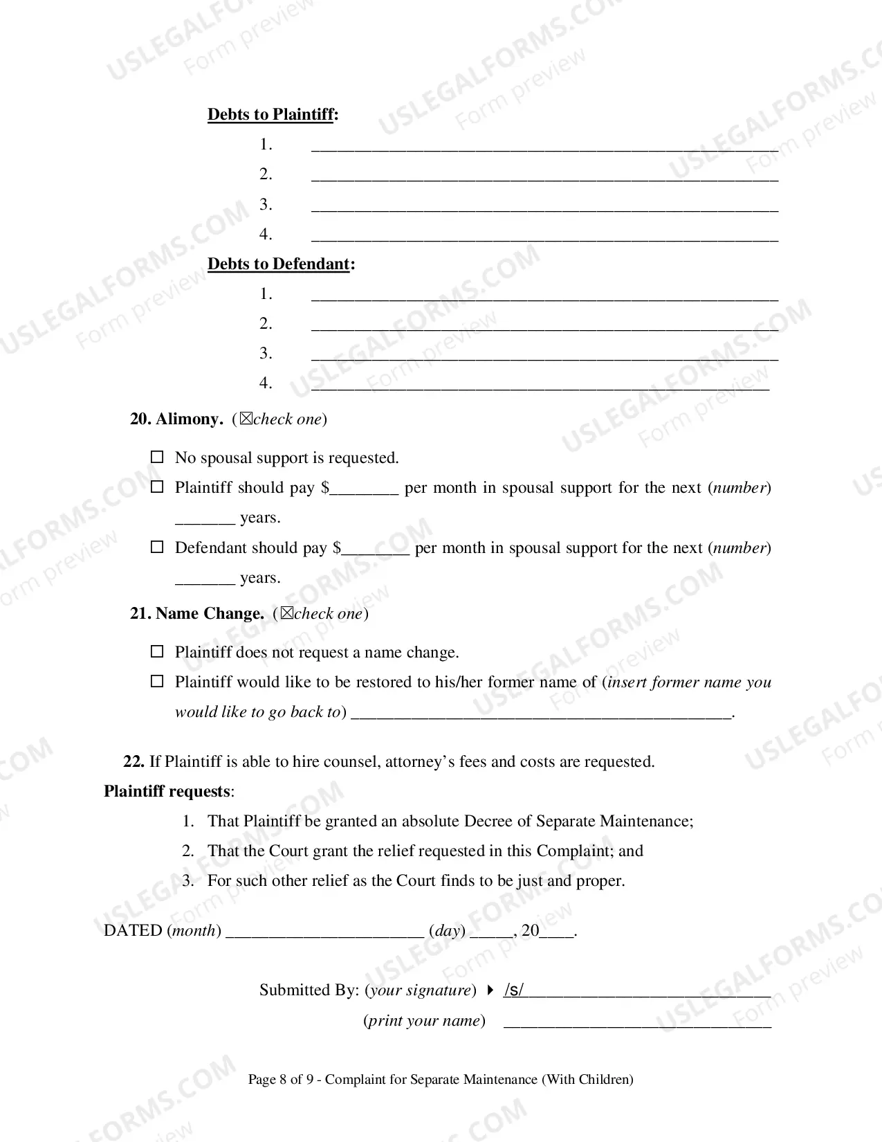 Preview ORComplaint for Separation - With Children