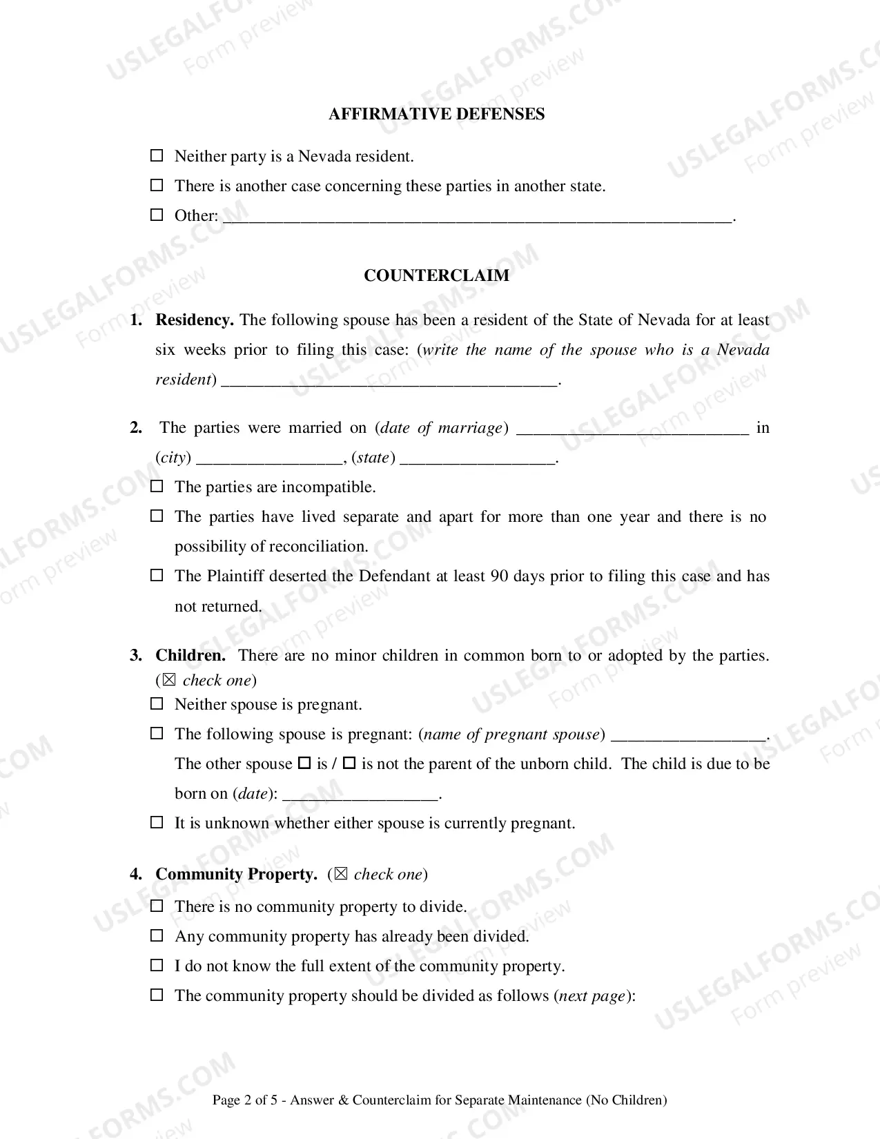 Preview Answer & Counterclaim for Separation - No Children