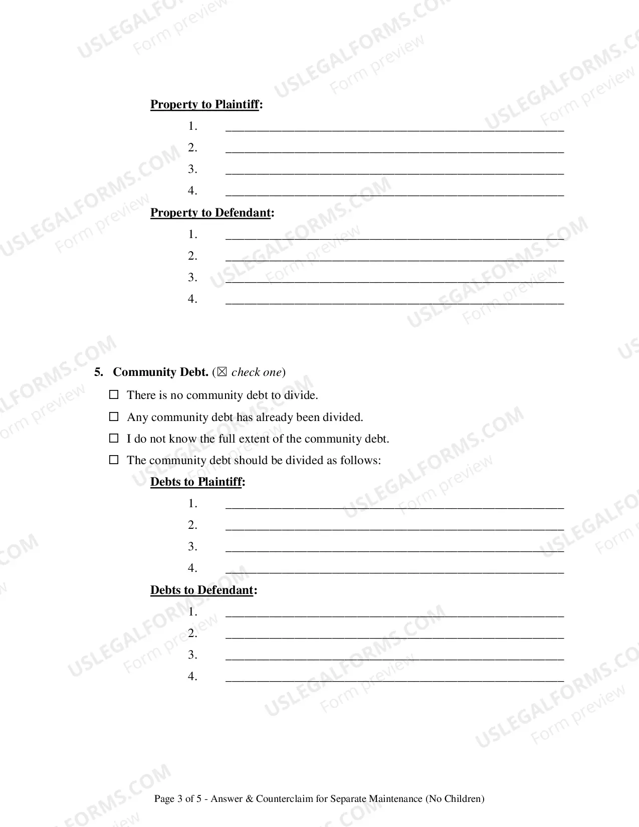 Preview Answer & Counterclaim for Separation - No Children