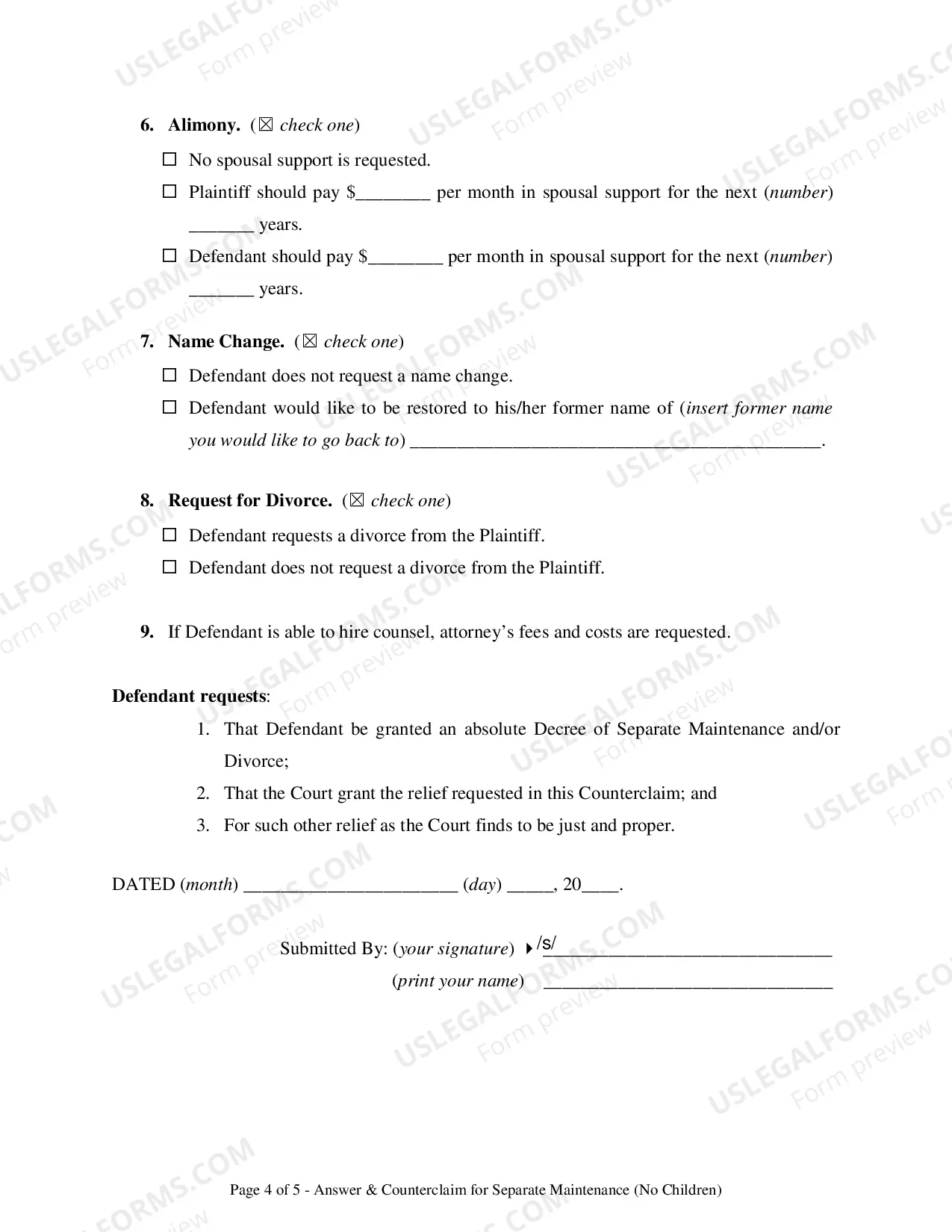 Preview Answer & Counterclaim for Separation - No Children