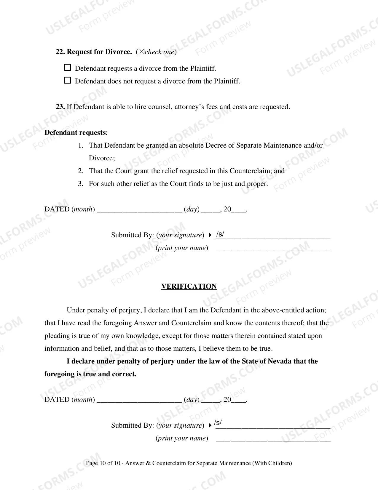 Preview Answer & Counterclaim for Separation - With Children