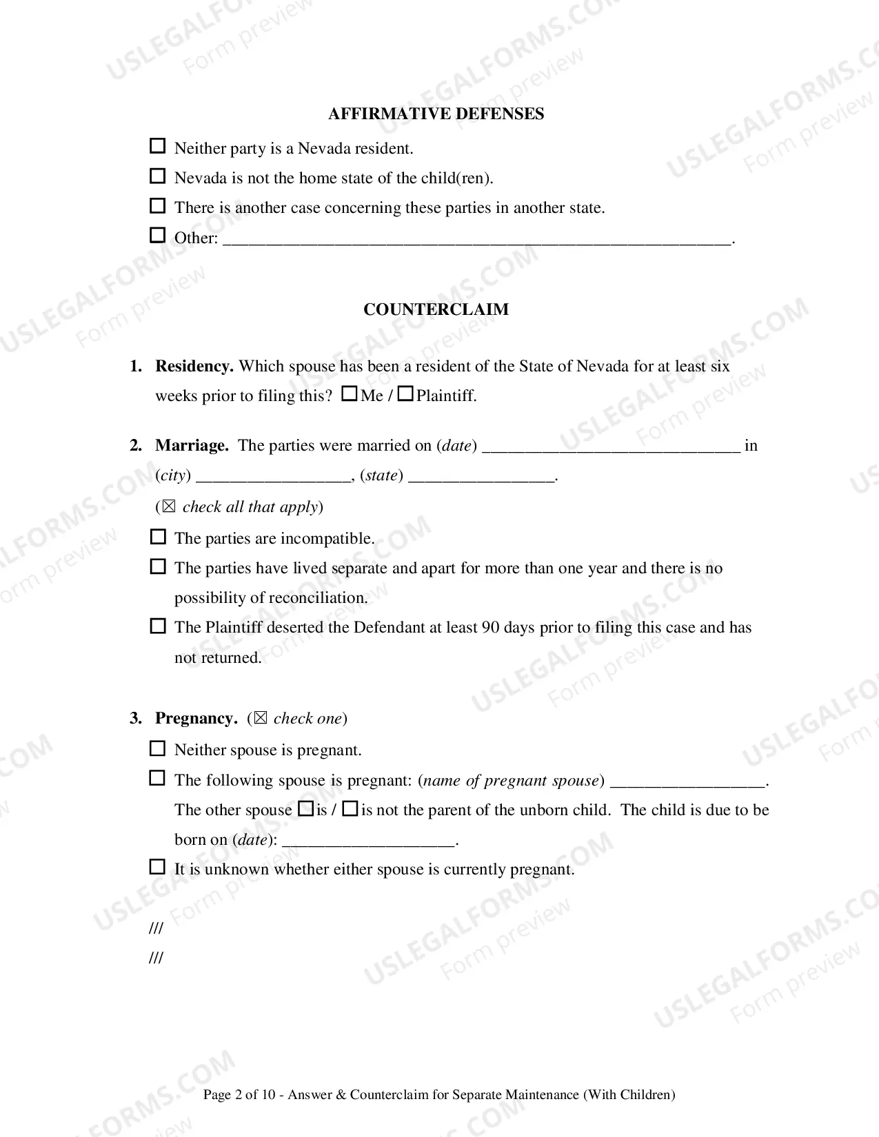 Preview Answer & Counterclaim for Separation - With Children