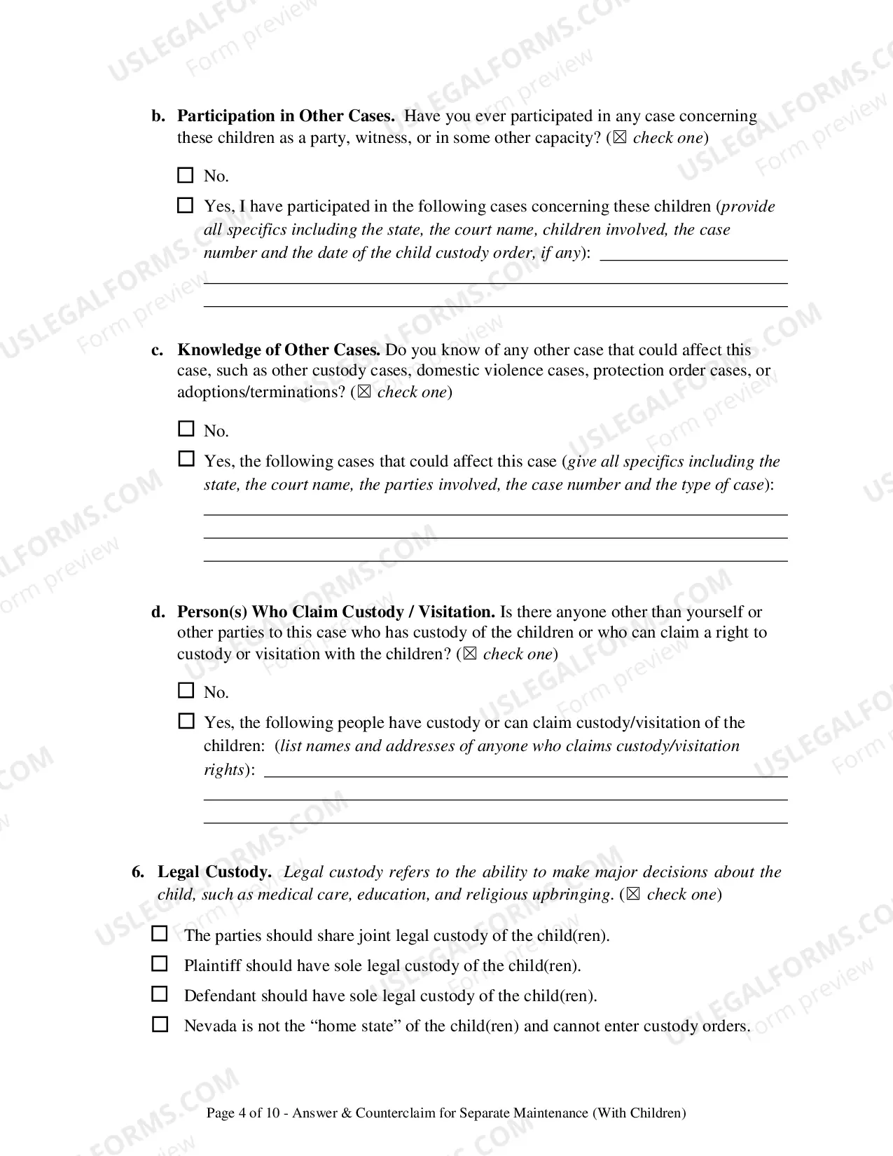 Preview Answer & Counterclaim for Separation - With Children