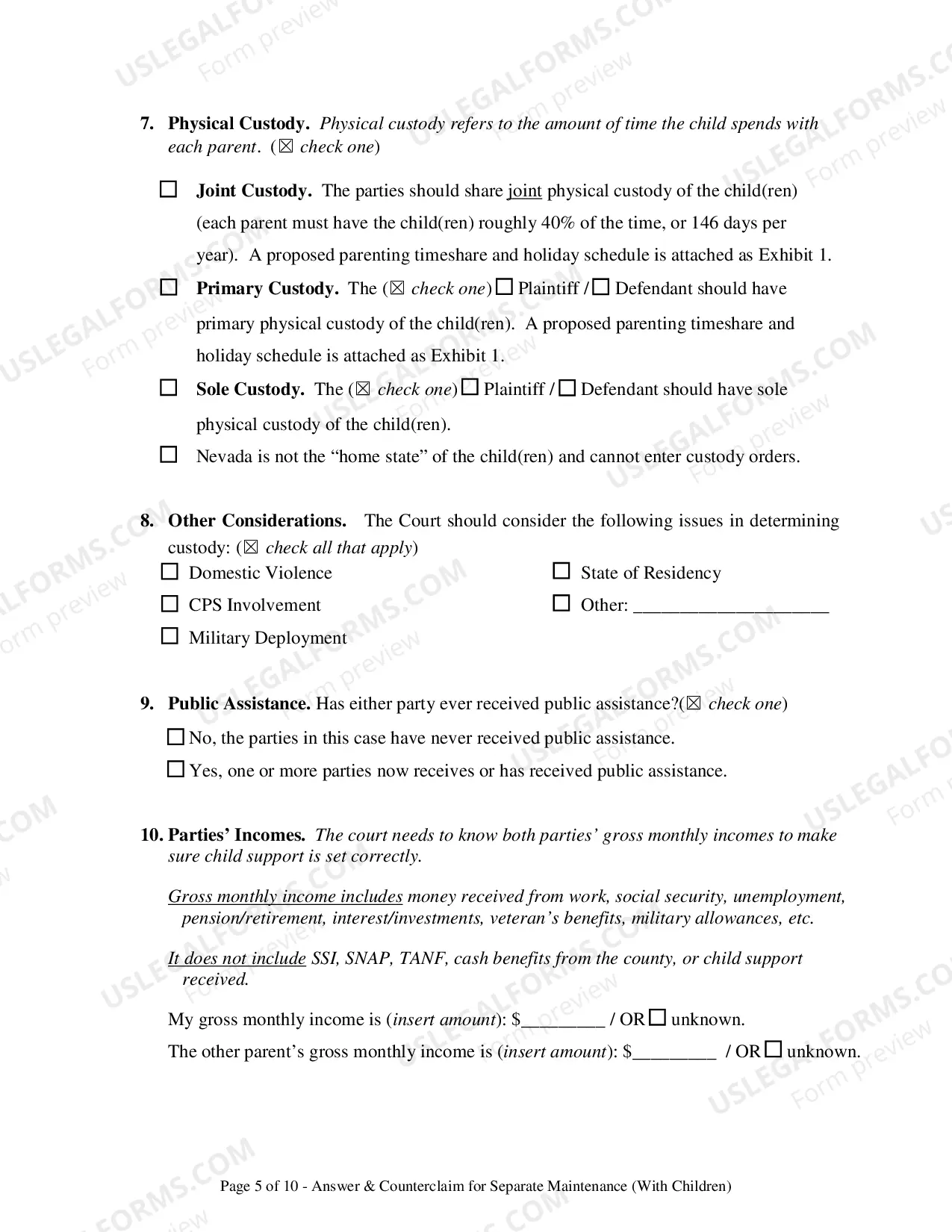 Preview Answer & Counterclaim for Separation - With Children
