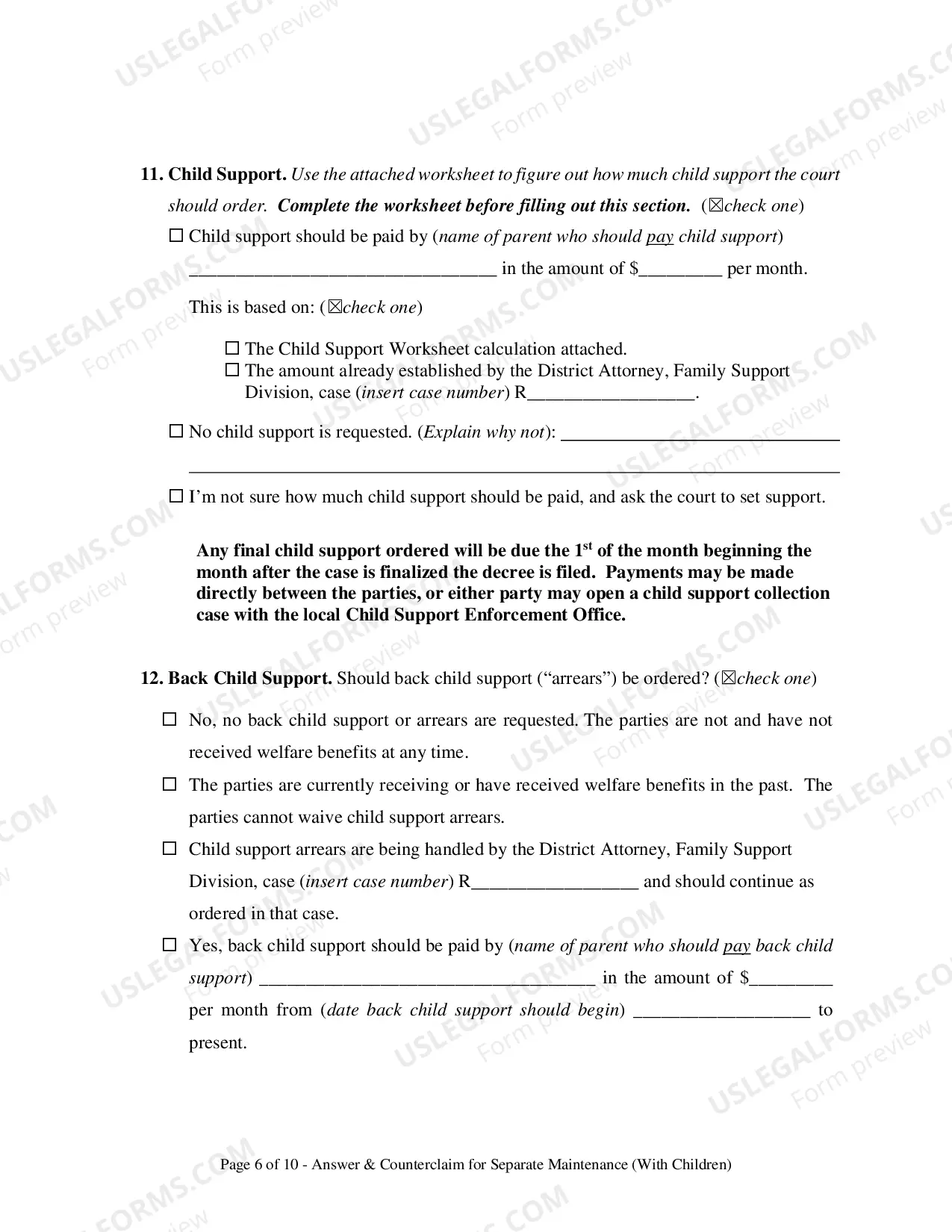 Preview Answer & Counterclaim for Separation - With Children