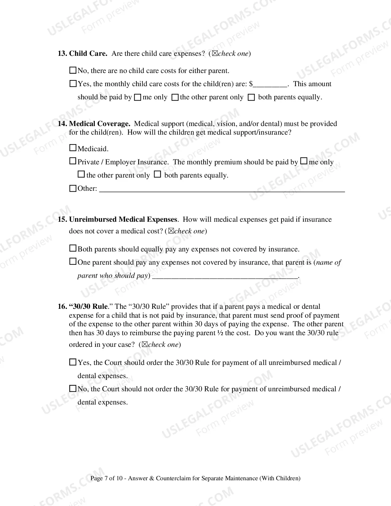 Preview Answer & Counterclaim for Separation - With Children
