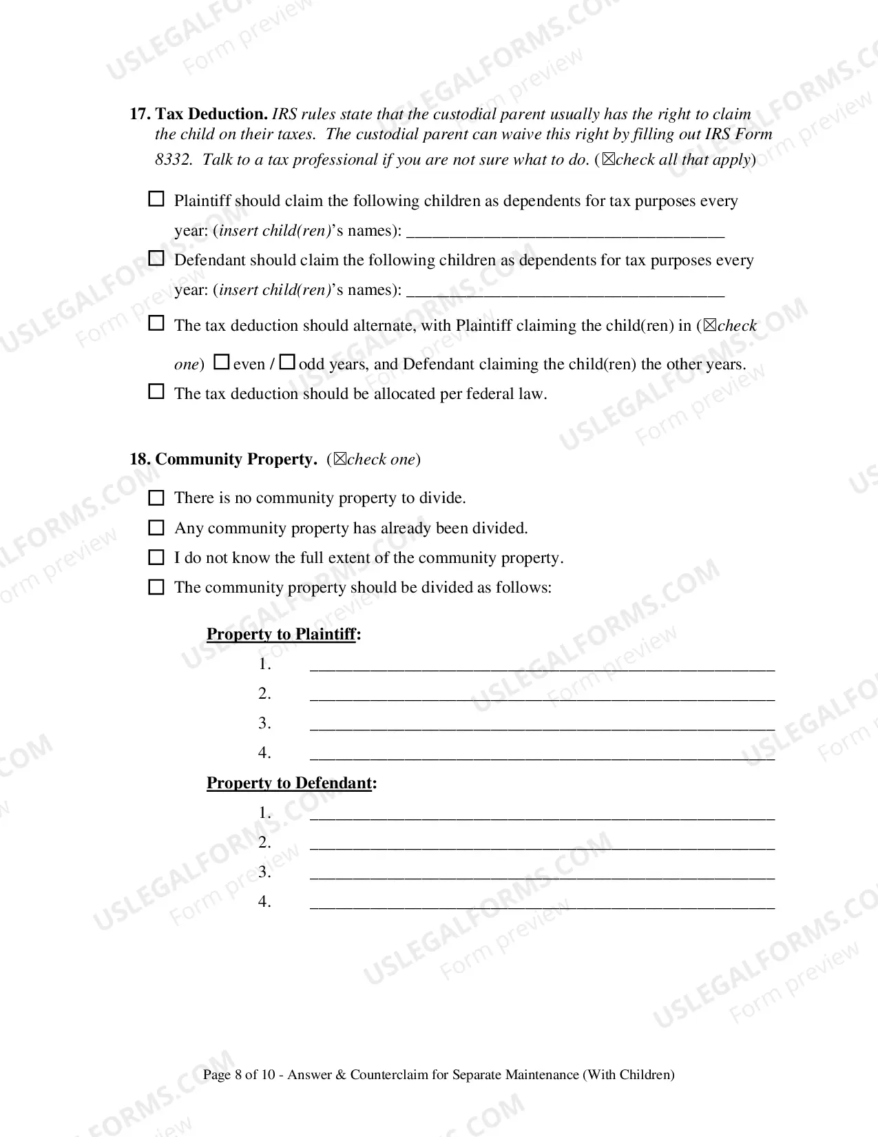 Preview Answer & Counterclaim for Separation - With Children