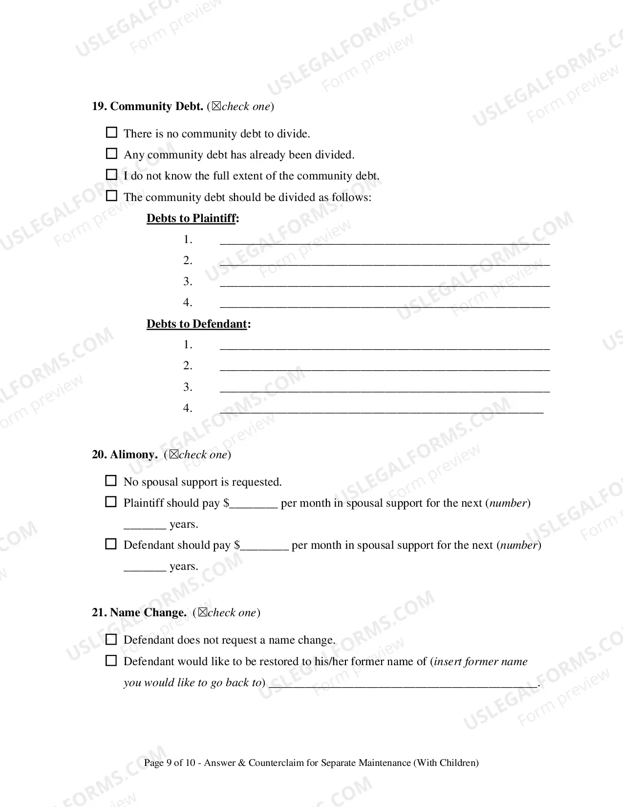 Preview Answer & Counterclaim for Separation - With Children