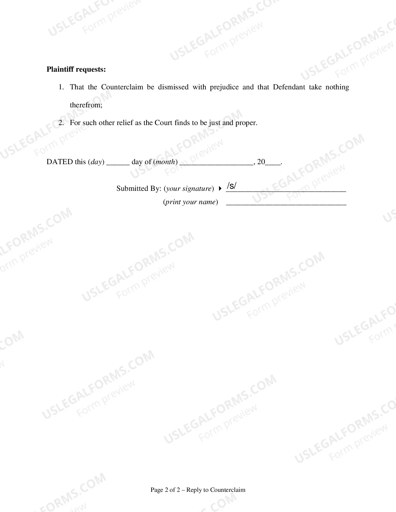 Preview Reply to Counterclaim