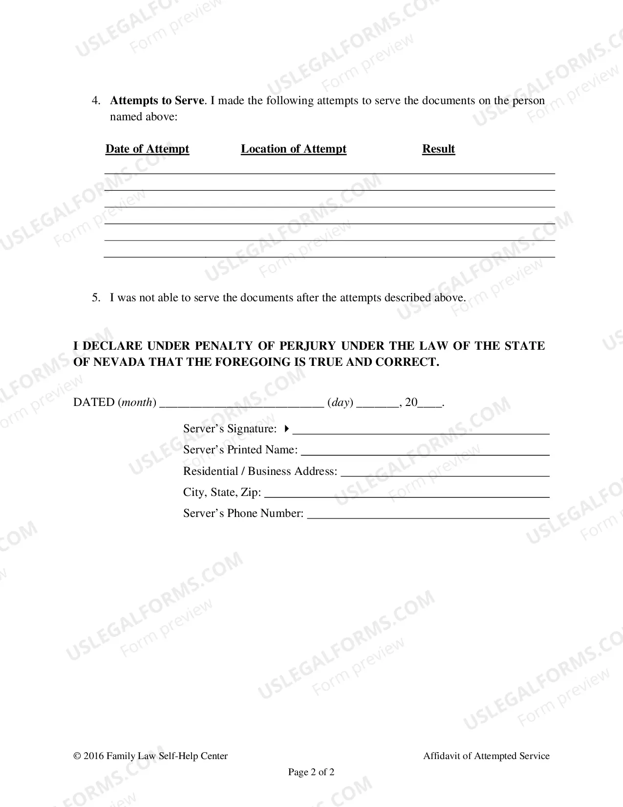Preview Affidavit of Attempted Service