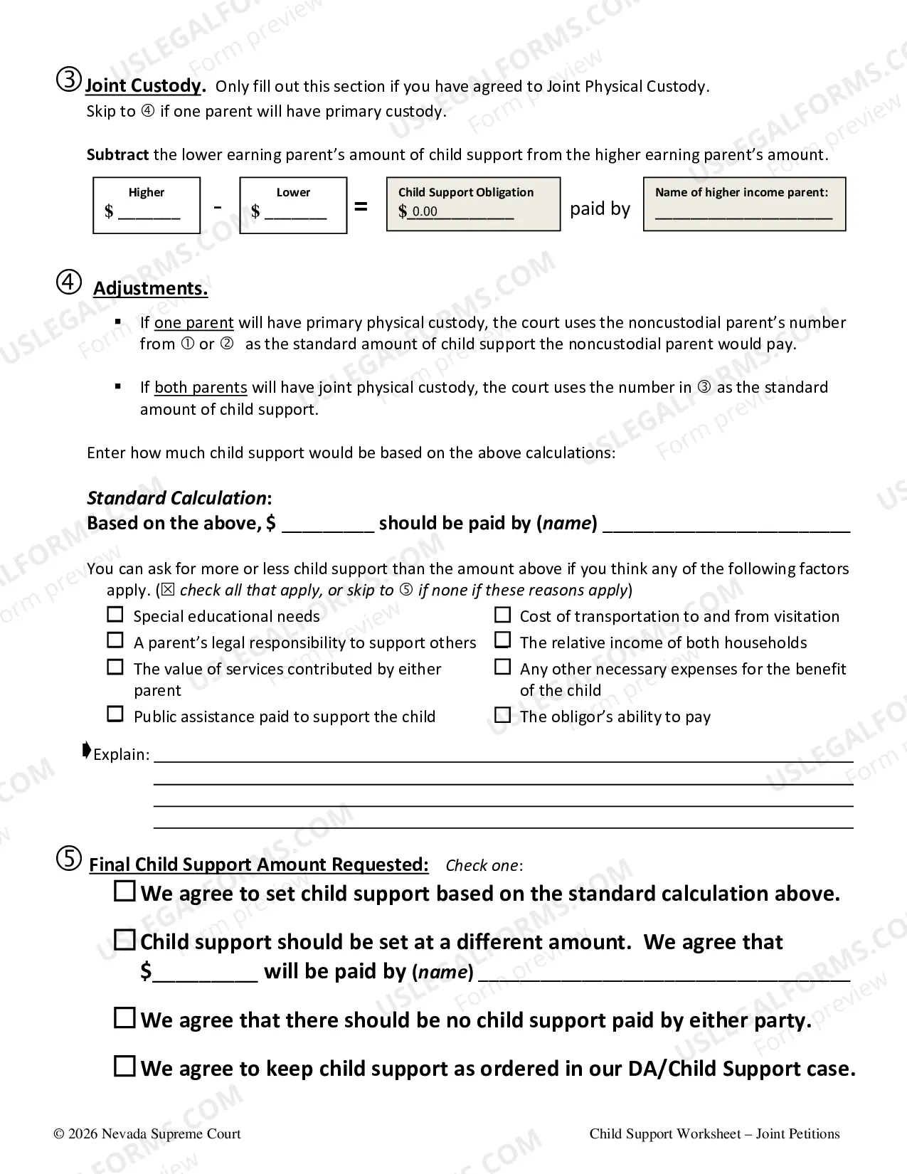 Preview Child Support Worksheet for a Joint Petition