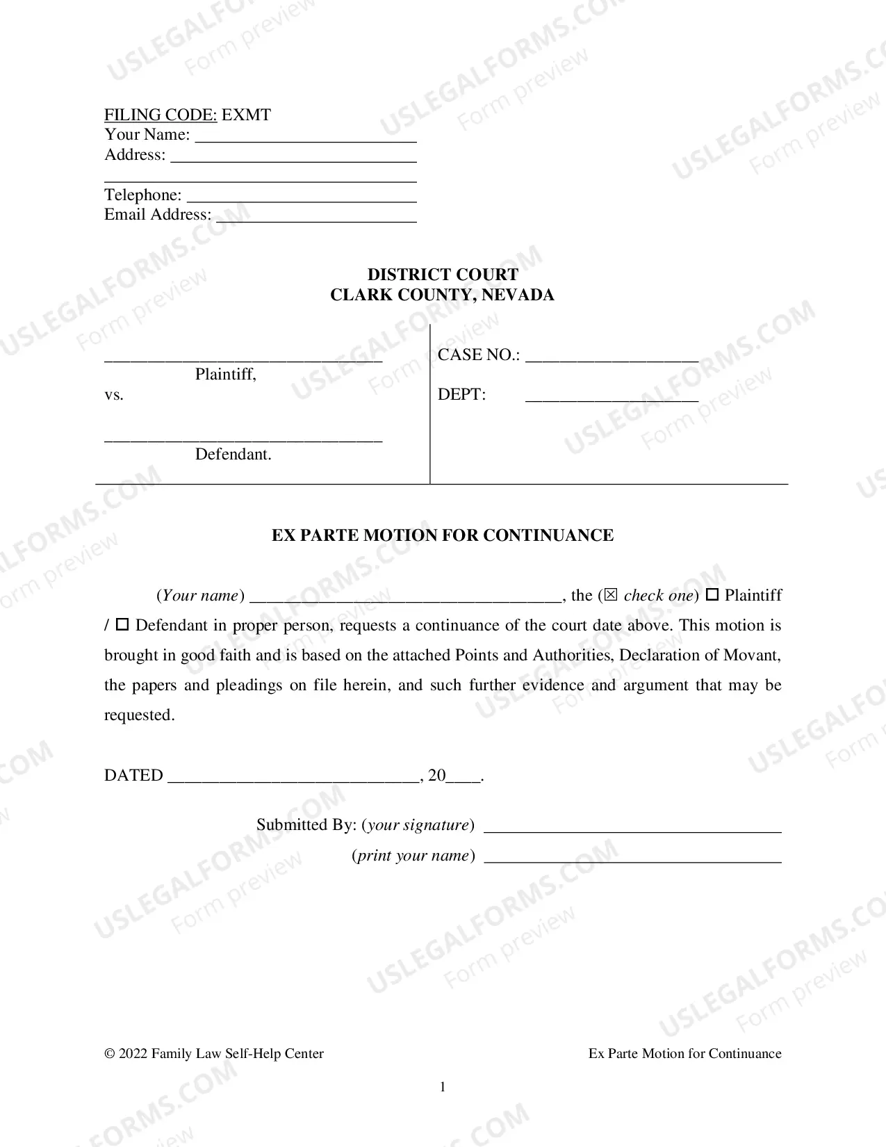 Preview Ex Parte Request & Order to Continue Hearing