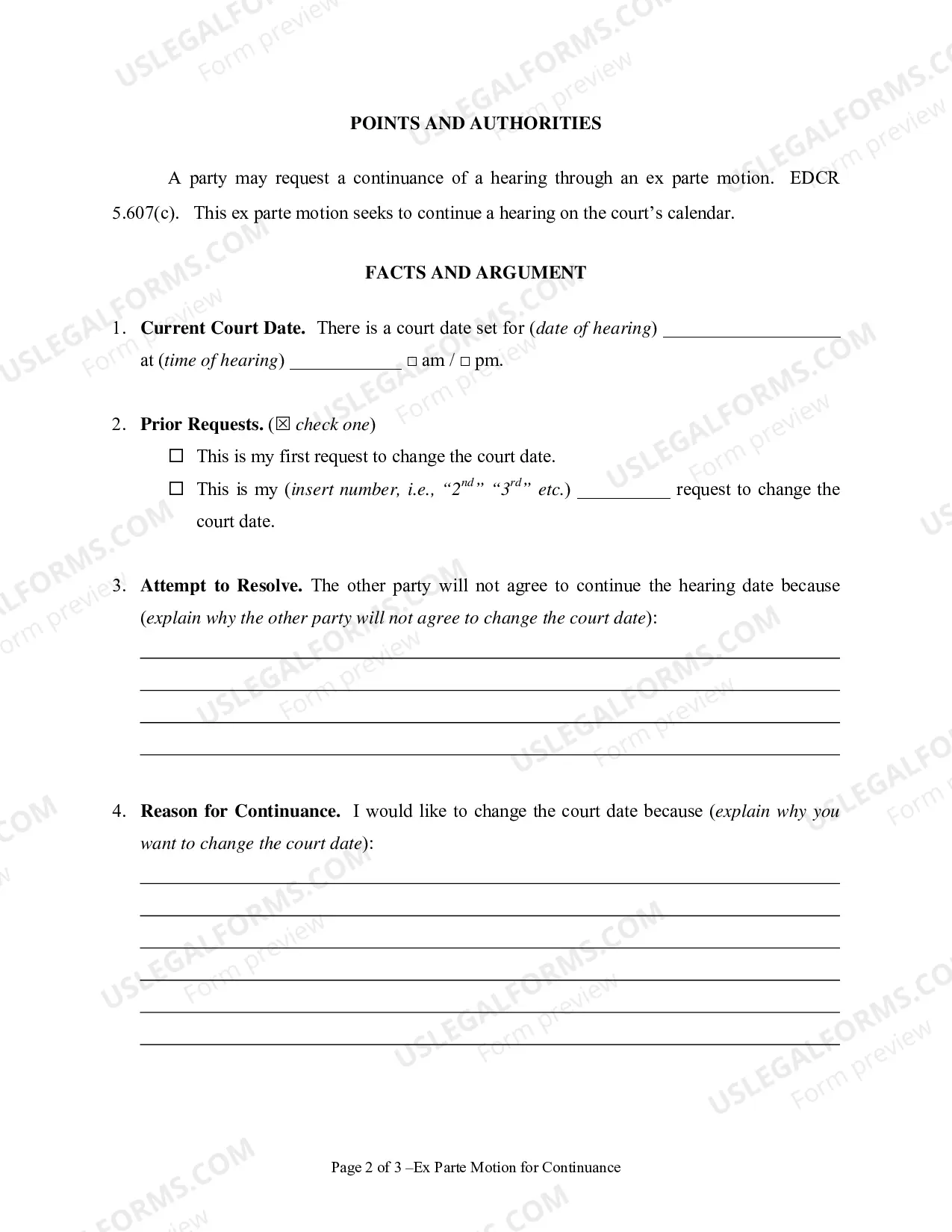Preview Ex Parte Request & Order to Continue Hearing