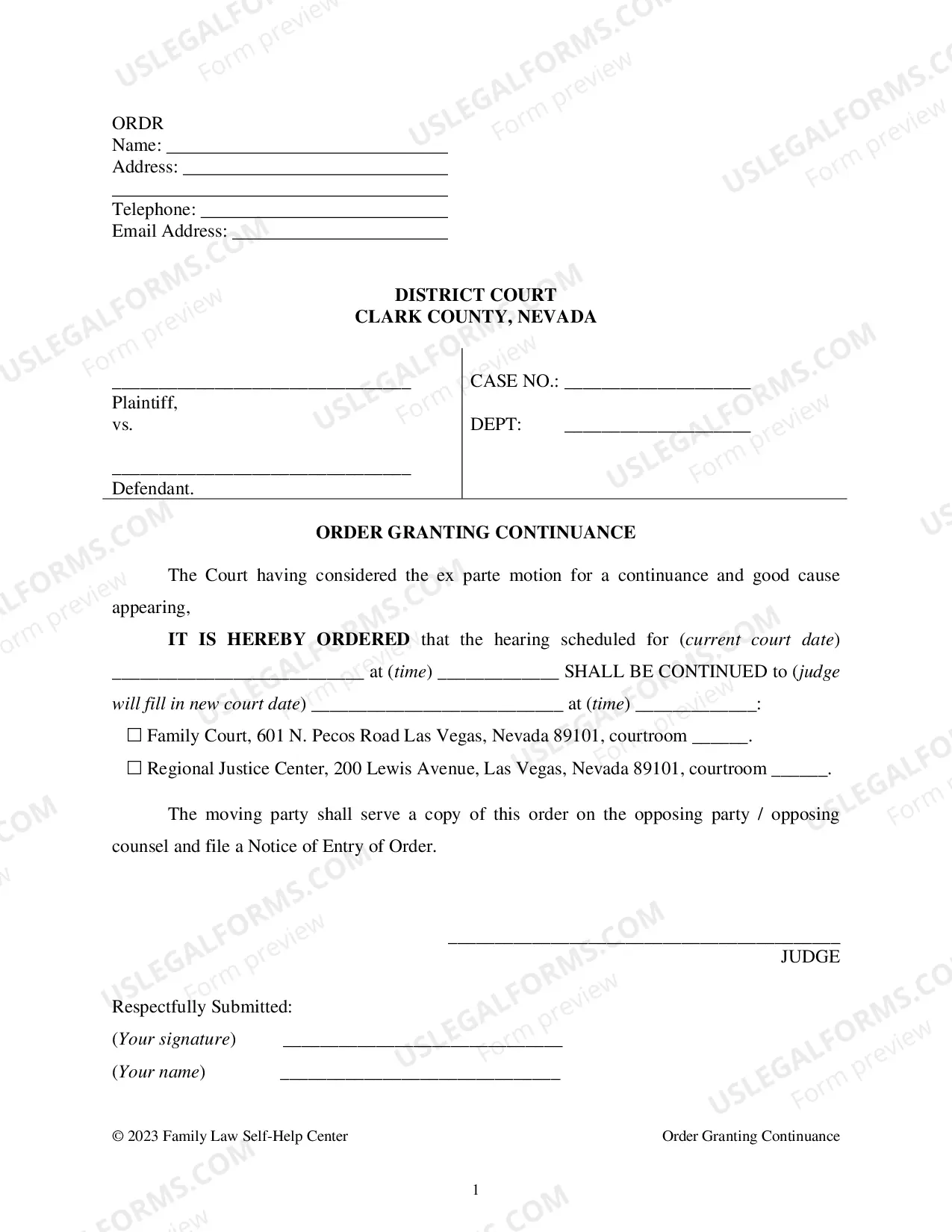 Preview Ex Parte Request & Order to Continue Hearing