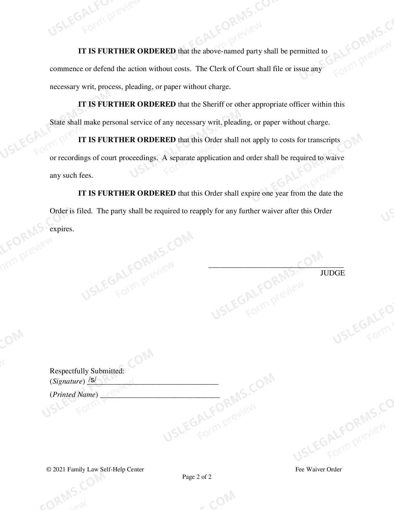 Preview Order to Waive Filing Fee