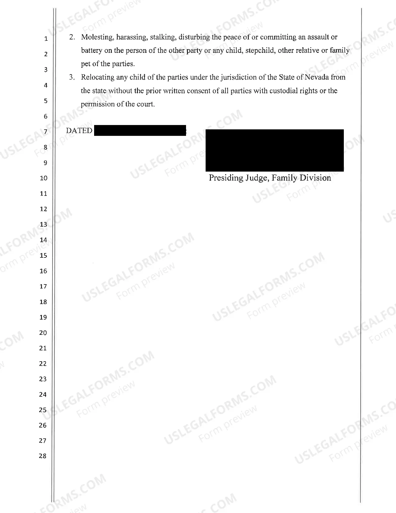 Preview Sample Joint Preliminary Injunction(if you request a JPI, it will contain the same directives to both parties that are listed on this sample)
