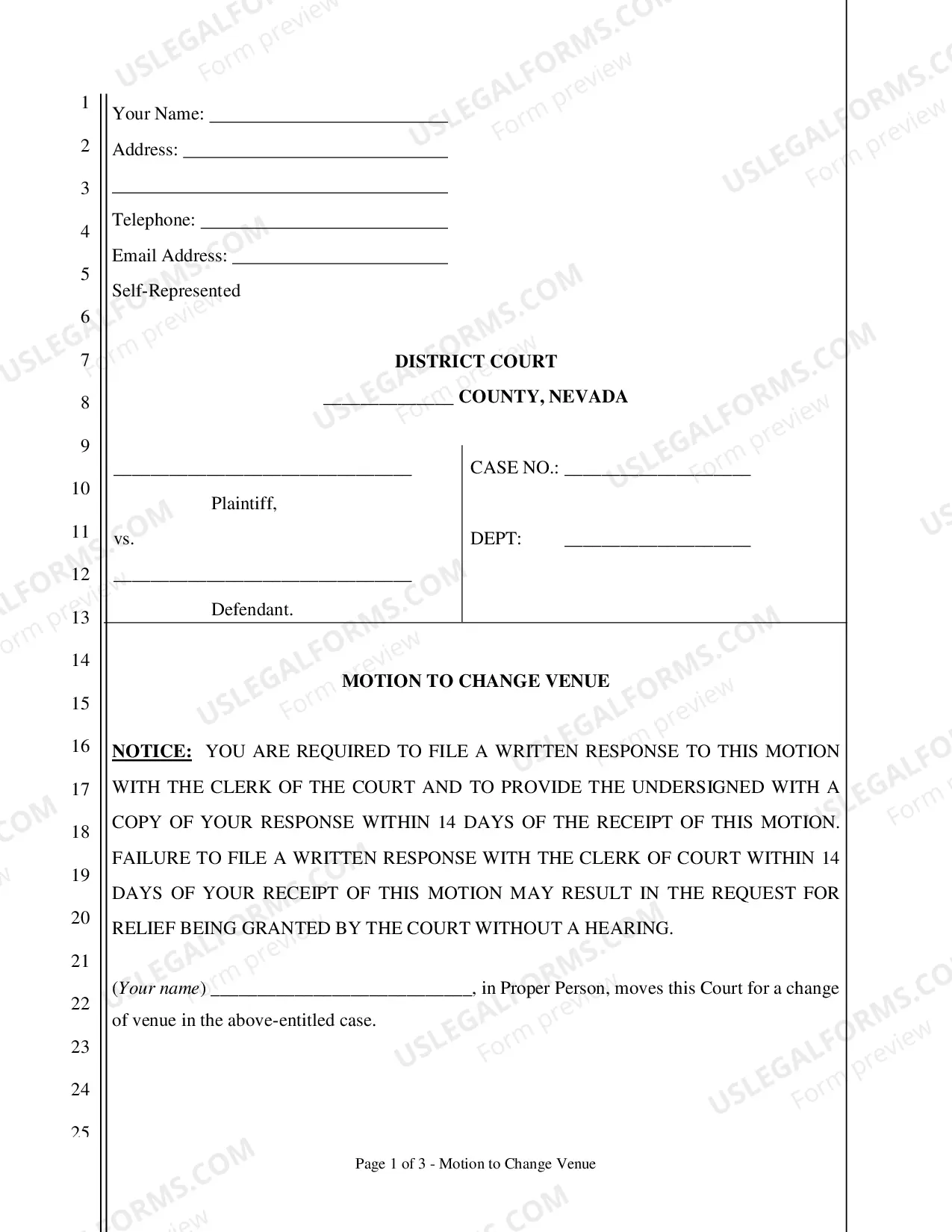 Preview Motion to Change Venue(to move a case from another Nevada county to Clark County)