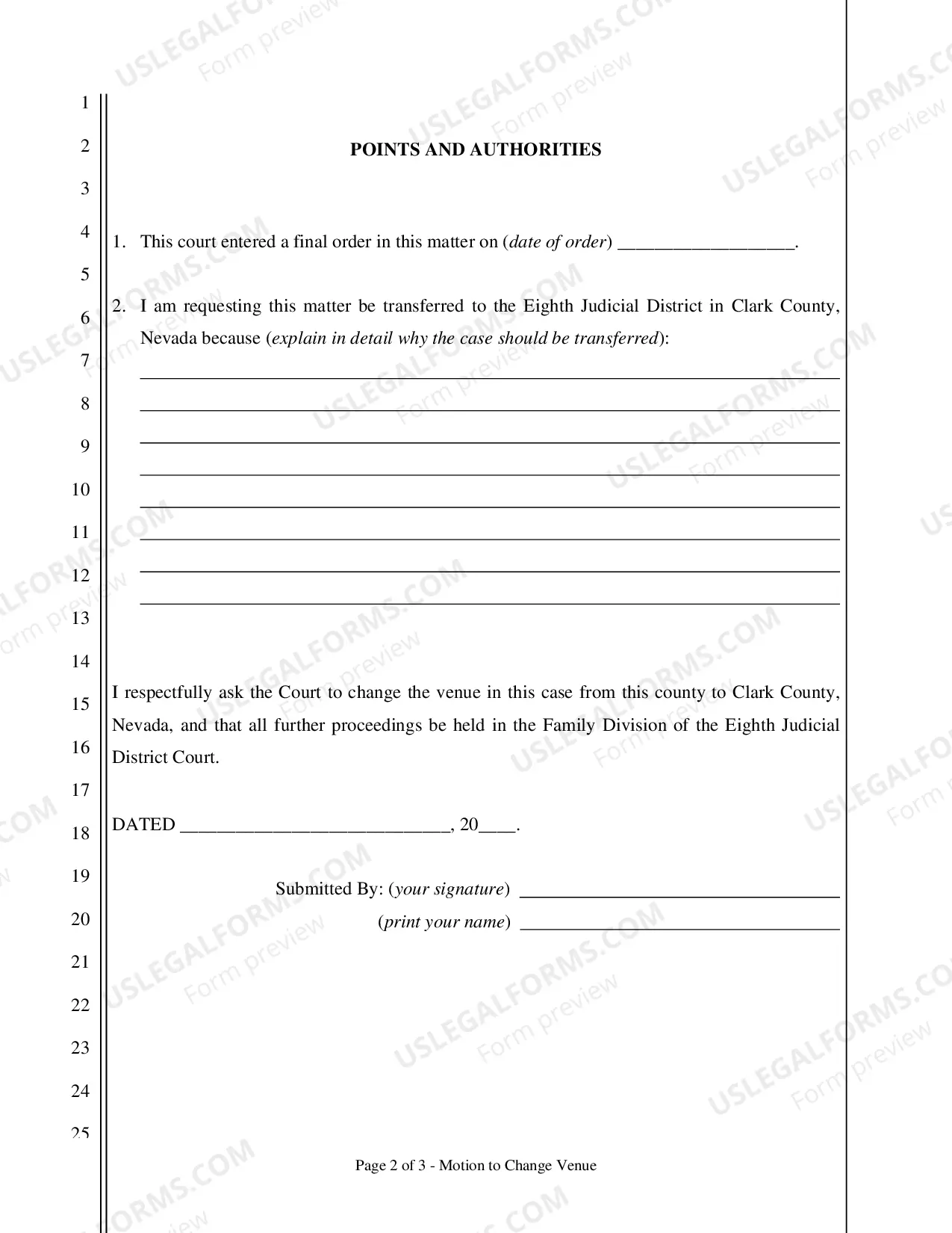 Preview Motion to Change Venue(to move a case from another Nevada county to Clark County)
