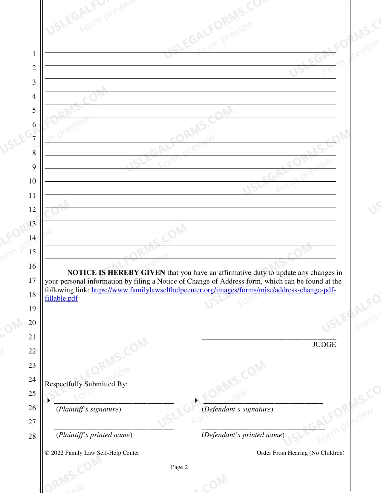 Preview Order After Hearing and Instructions - No Children
