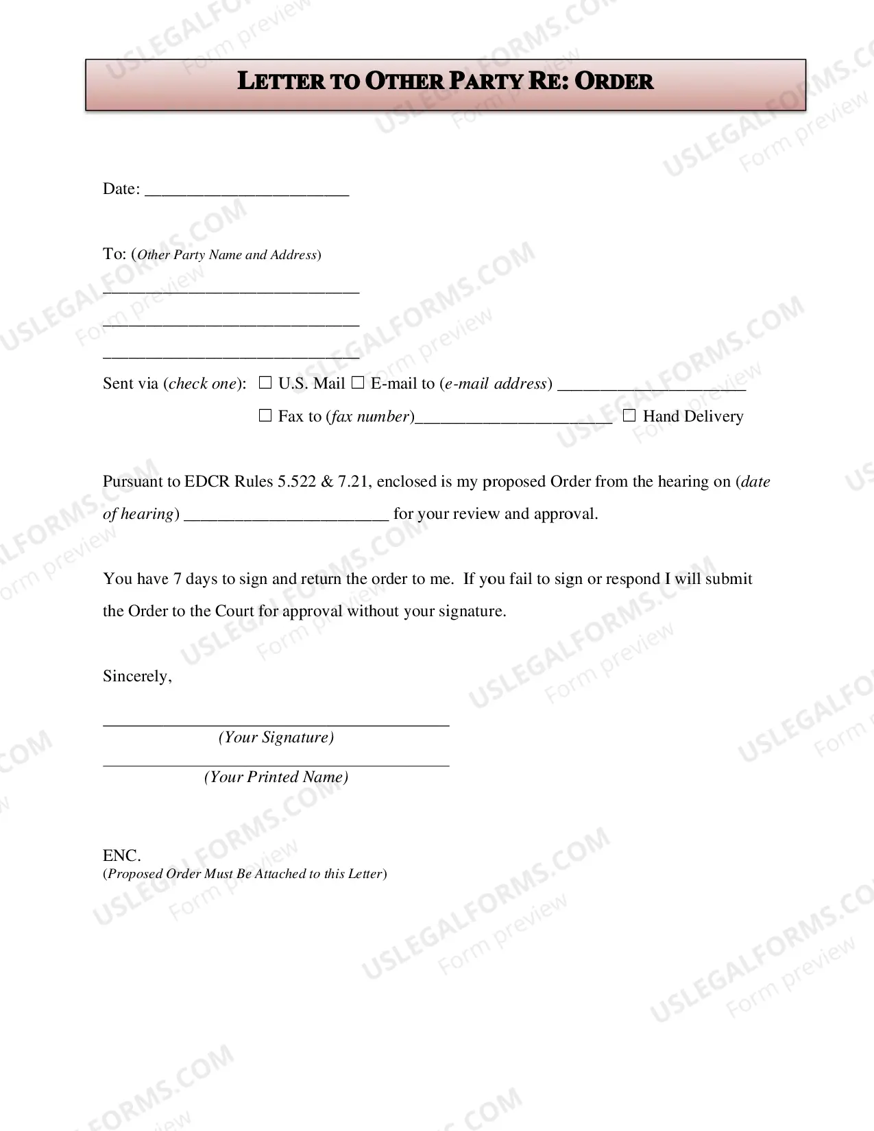 Preview Order After Hearing and Instructions - No Children
