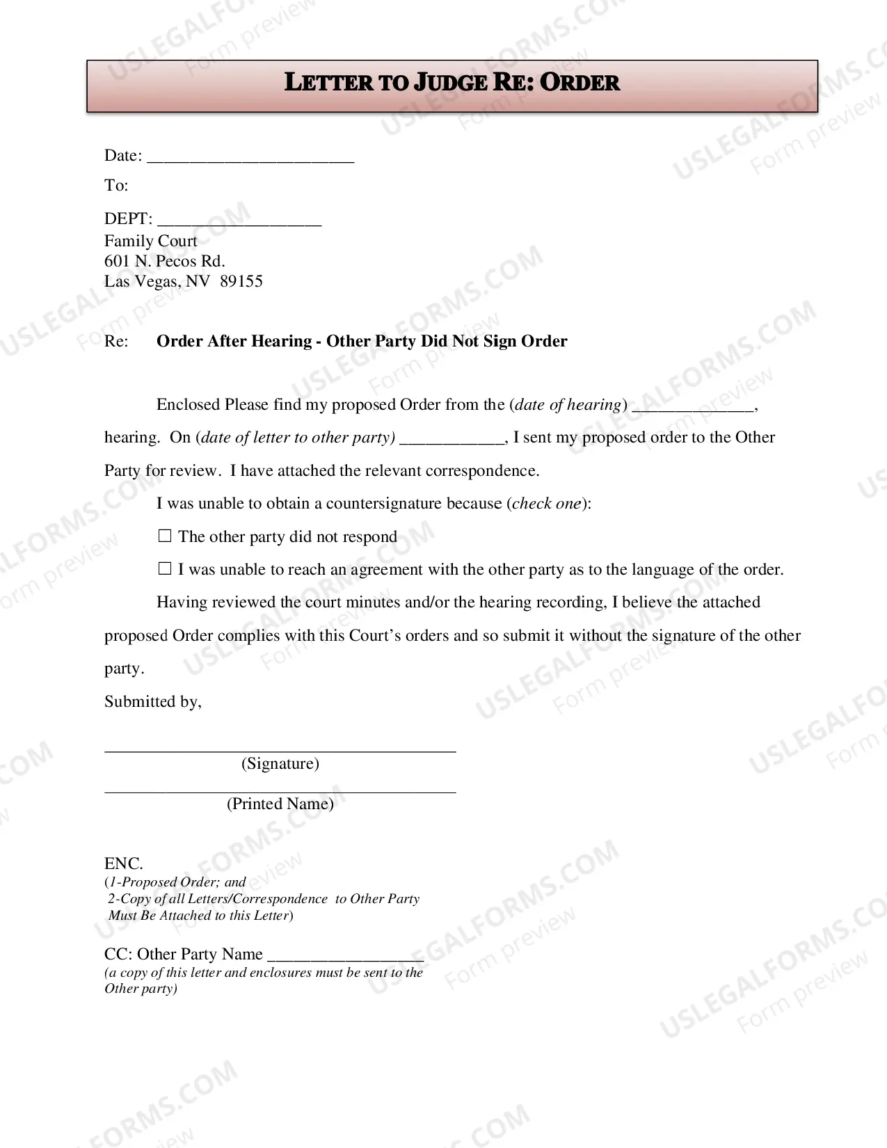 Preview Order After Hearing and Instructions - No Children