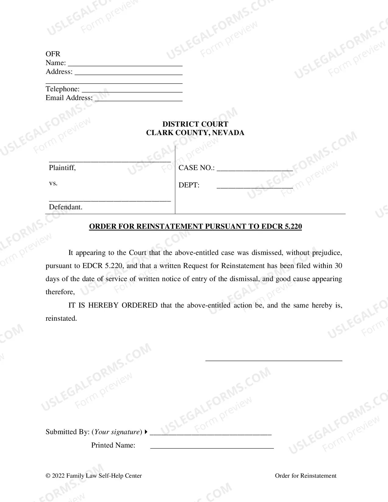 Preview Request and Order for Reinstatement