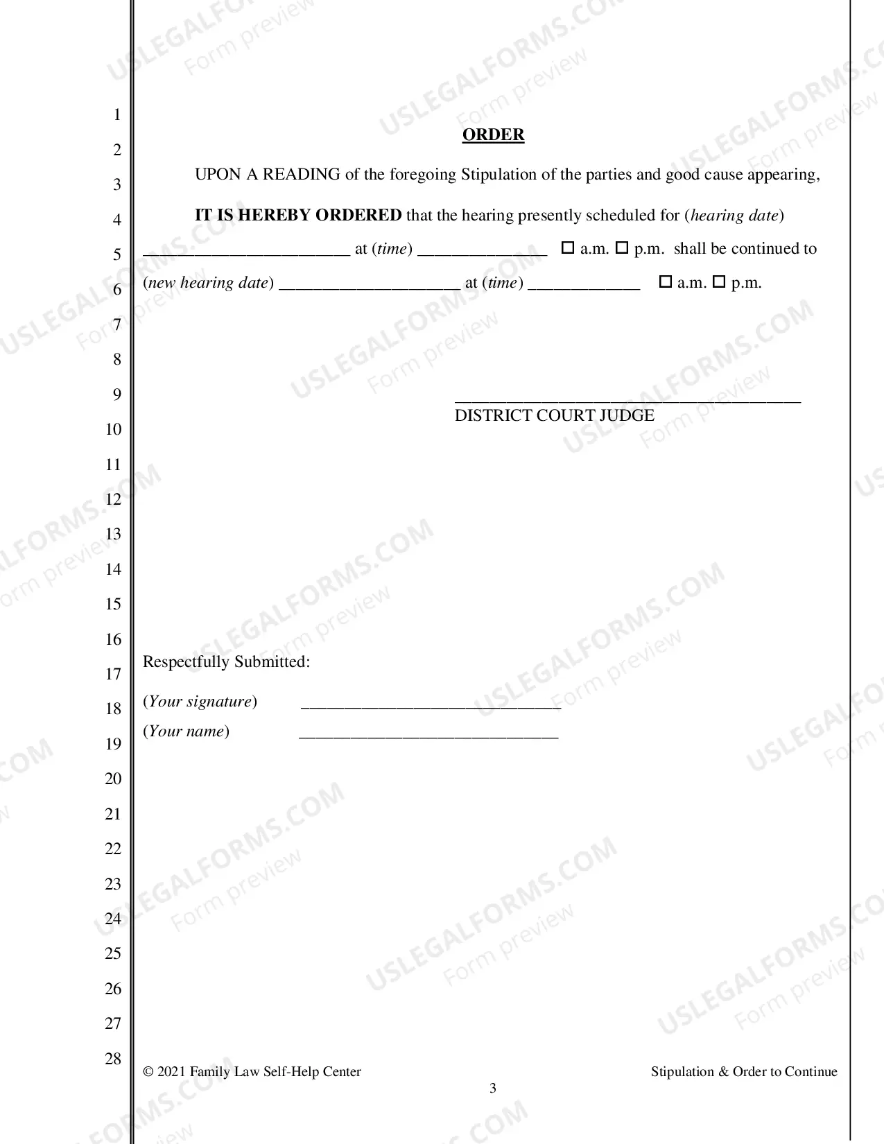 Preview Stipulation and Order to Continue a Hearing
