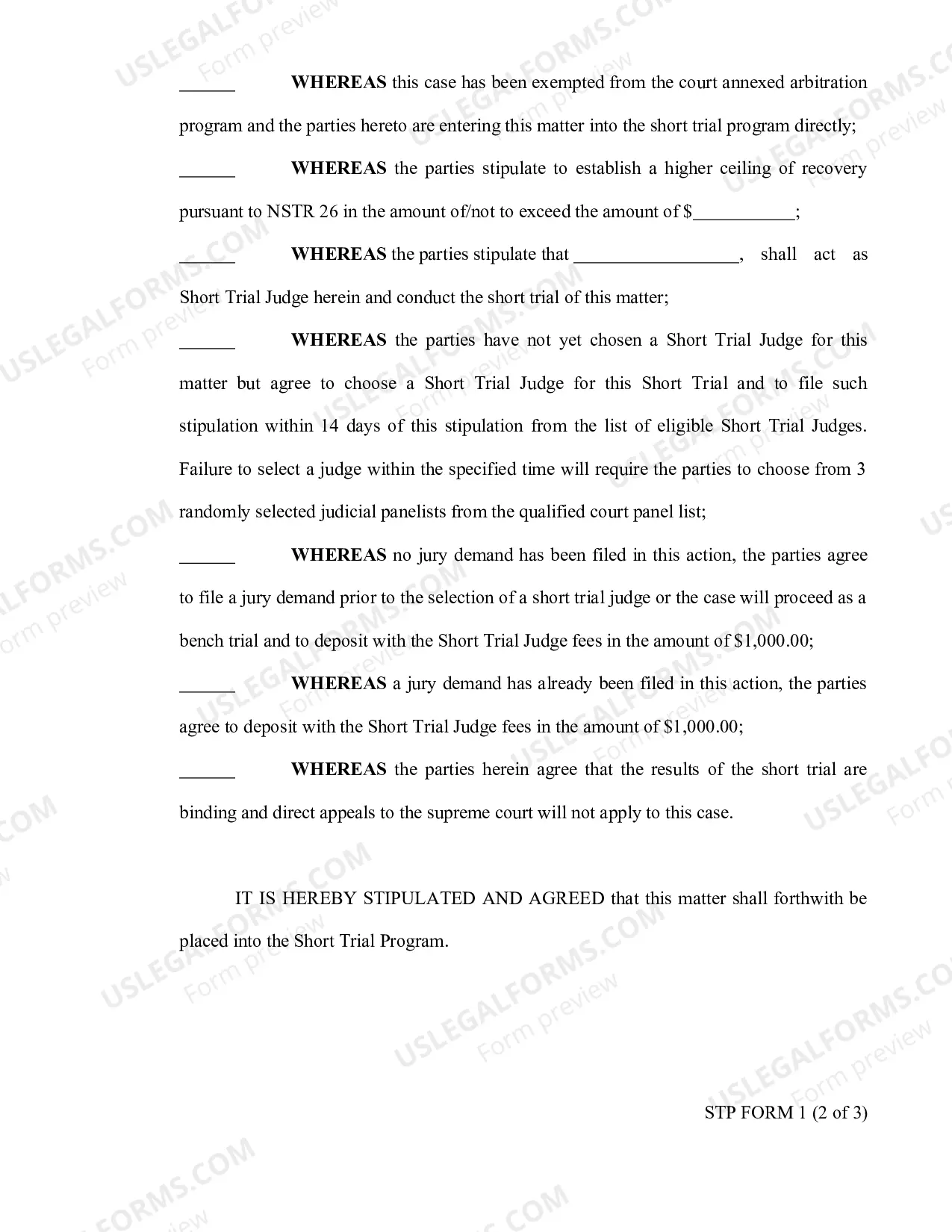 Preview Stipulation To Participate In Short Trial Program