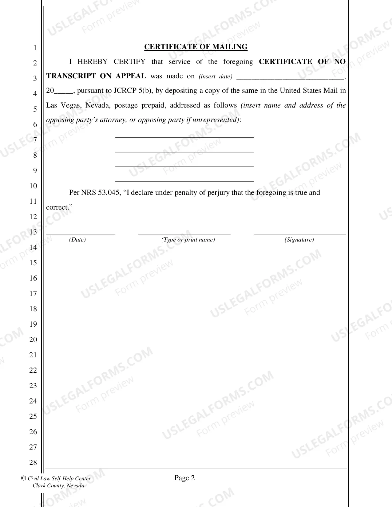 Preview Certificate of No Transcript On Appeal - Fillable Form