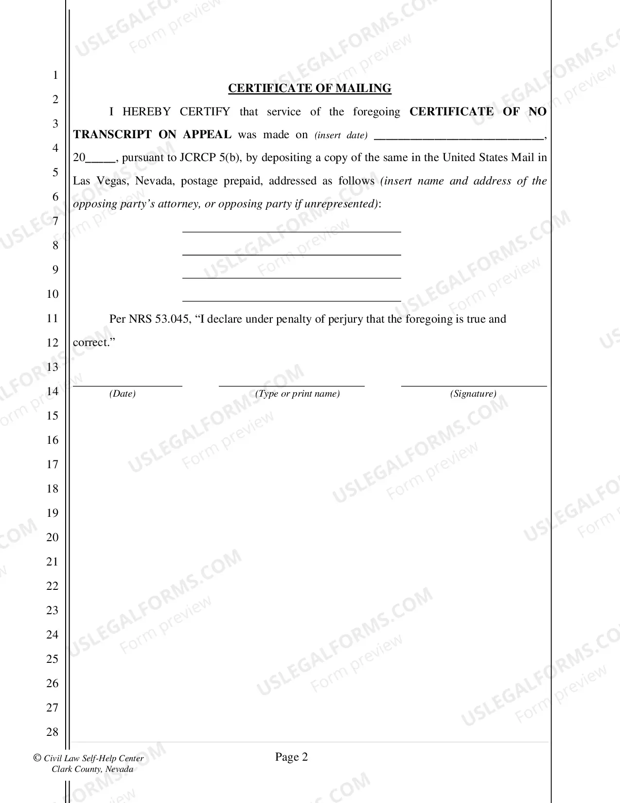 Preview Certificate of No Transcript On Appeal - Nonfillable Form