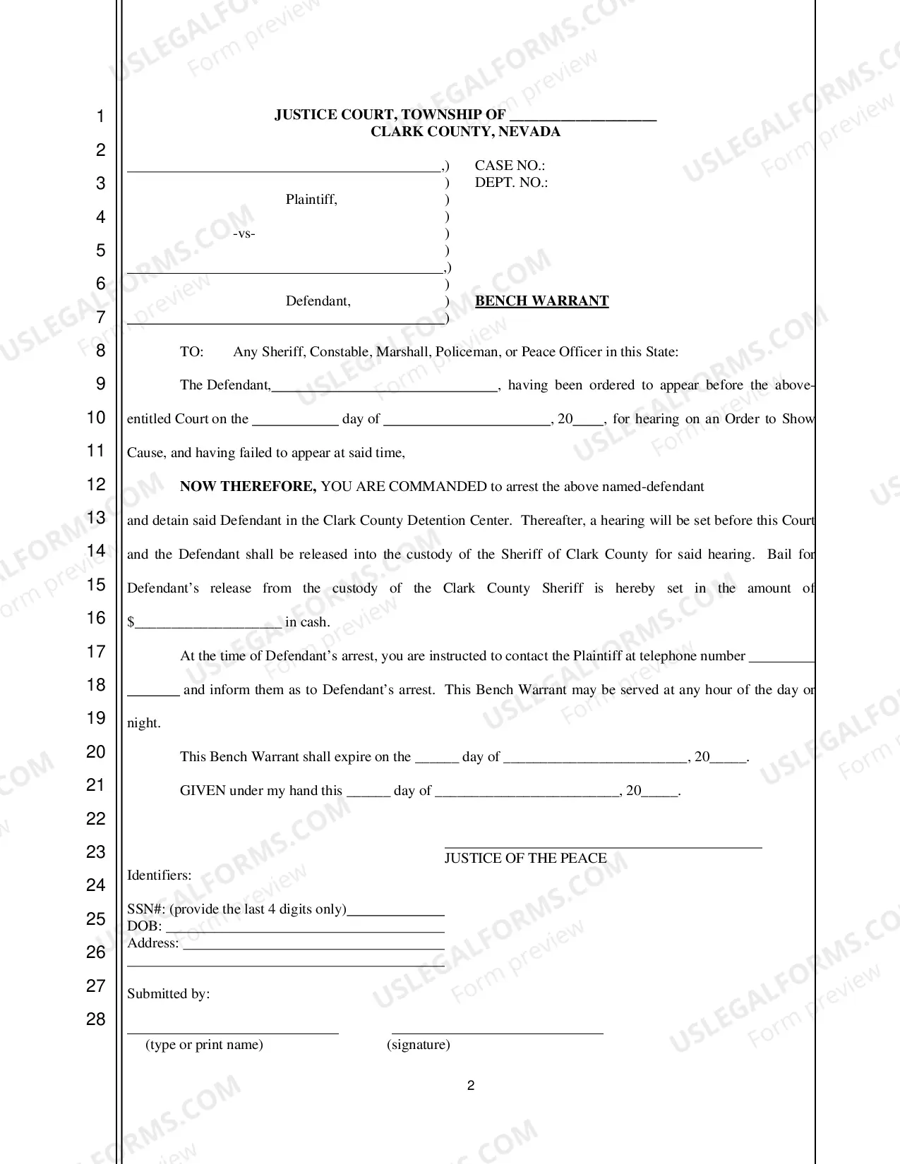 Preview Bench Warrant and Order - Nonfillable Form