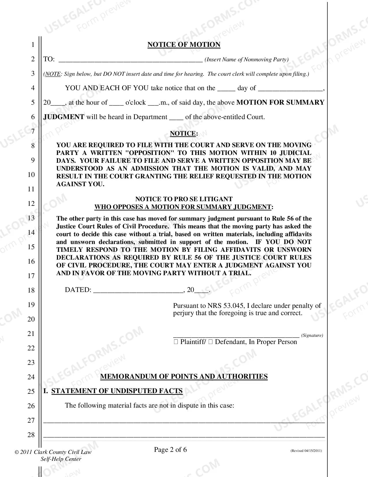 Preview Motion for Summary Judgment - Nonfillable Form