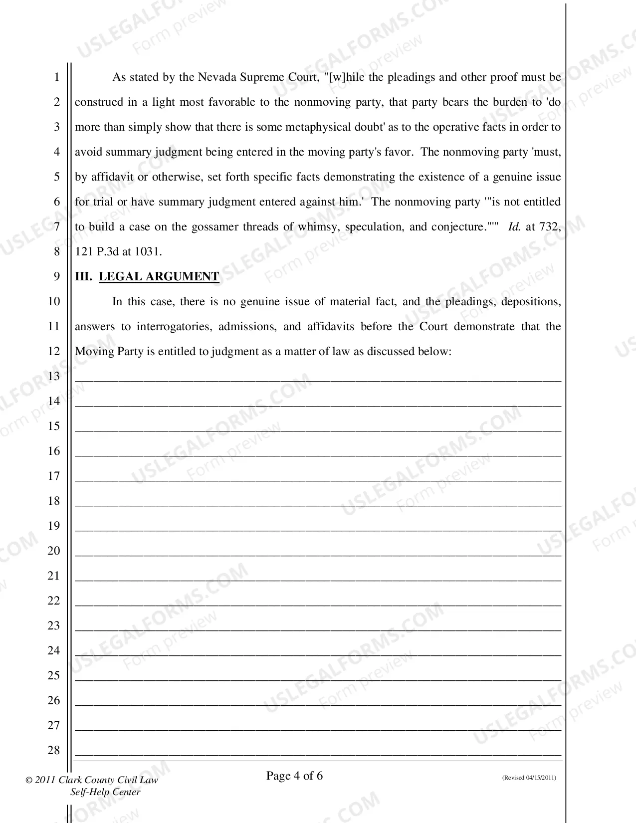 Preview Motion for Summary Judgment - Nonfillable Form