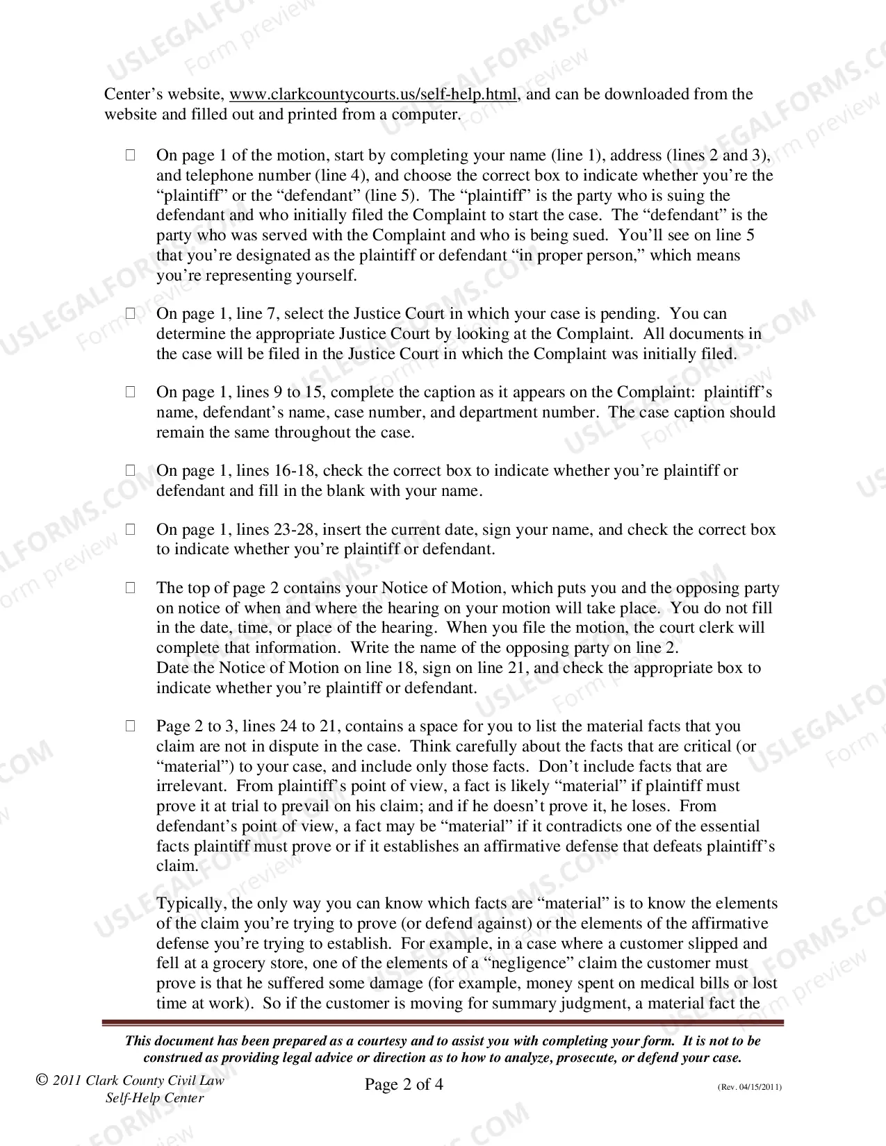Preview Motion for Summary Judgment - Instructions