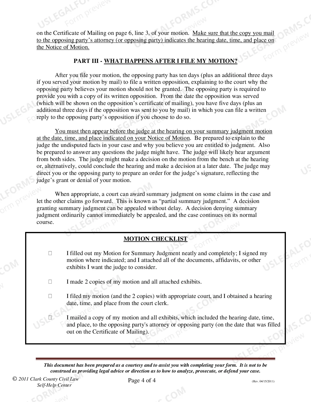 Preview Motion for Summary Judgment - Instructions