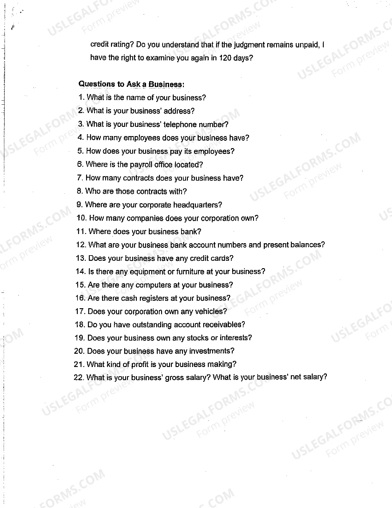 Preview Sample Questions for Judgment Debtor Exam - Reference