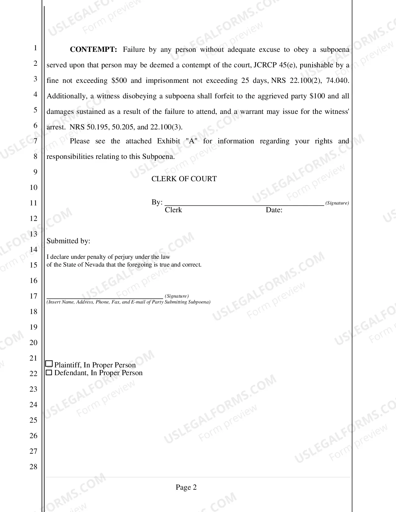 Preview Subpeona for Attendance at Trial or Hearing (without Documents) - Nonfillable Form