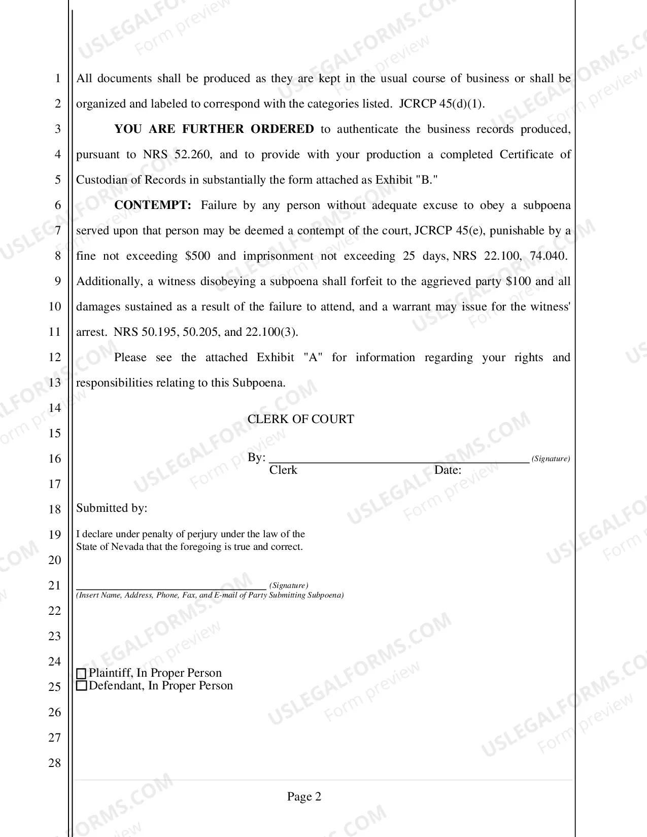 Preview Subpeona for Business Records (without Appearance) - Nonfillable Form