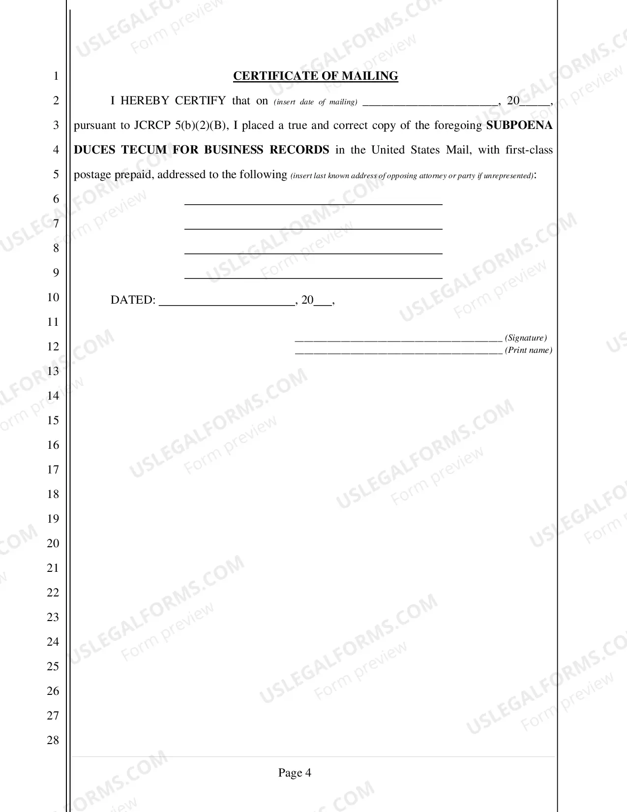 Preview Subpeona for Business Records (without Appearance) - Nonfillable Form