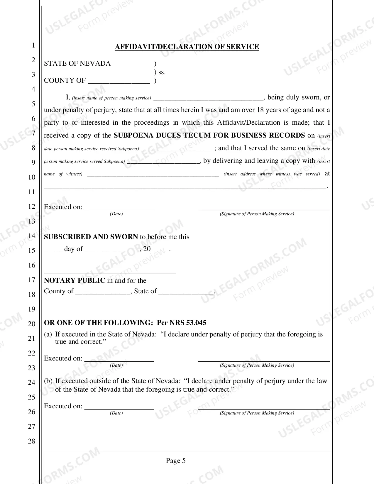 Preview Subpeona for Business Records (without Appearance) - Nonfillable Form
